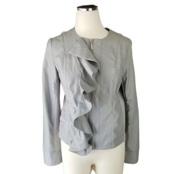 Kut From The Kloth Dahliana Gray Vegan Leather Ruffle Moto Jacket Medium - Picture 2 of 12